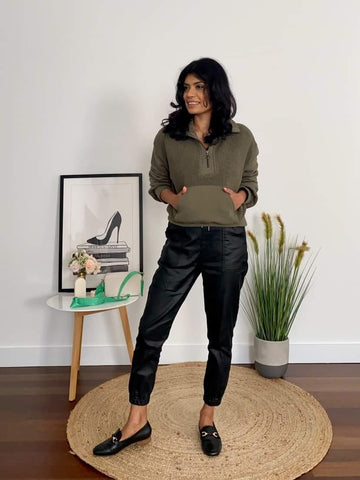 Melbourne stylest outfit with moss green maya pullover and black pants