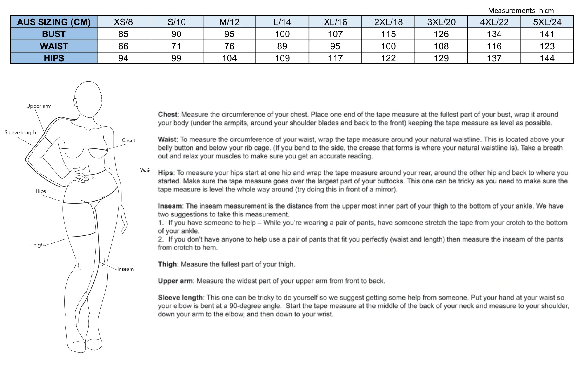 Avila size guide chart sizes 8-24 Australia