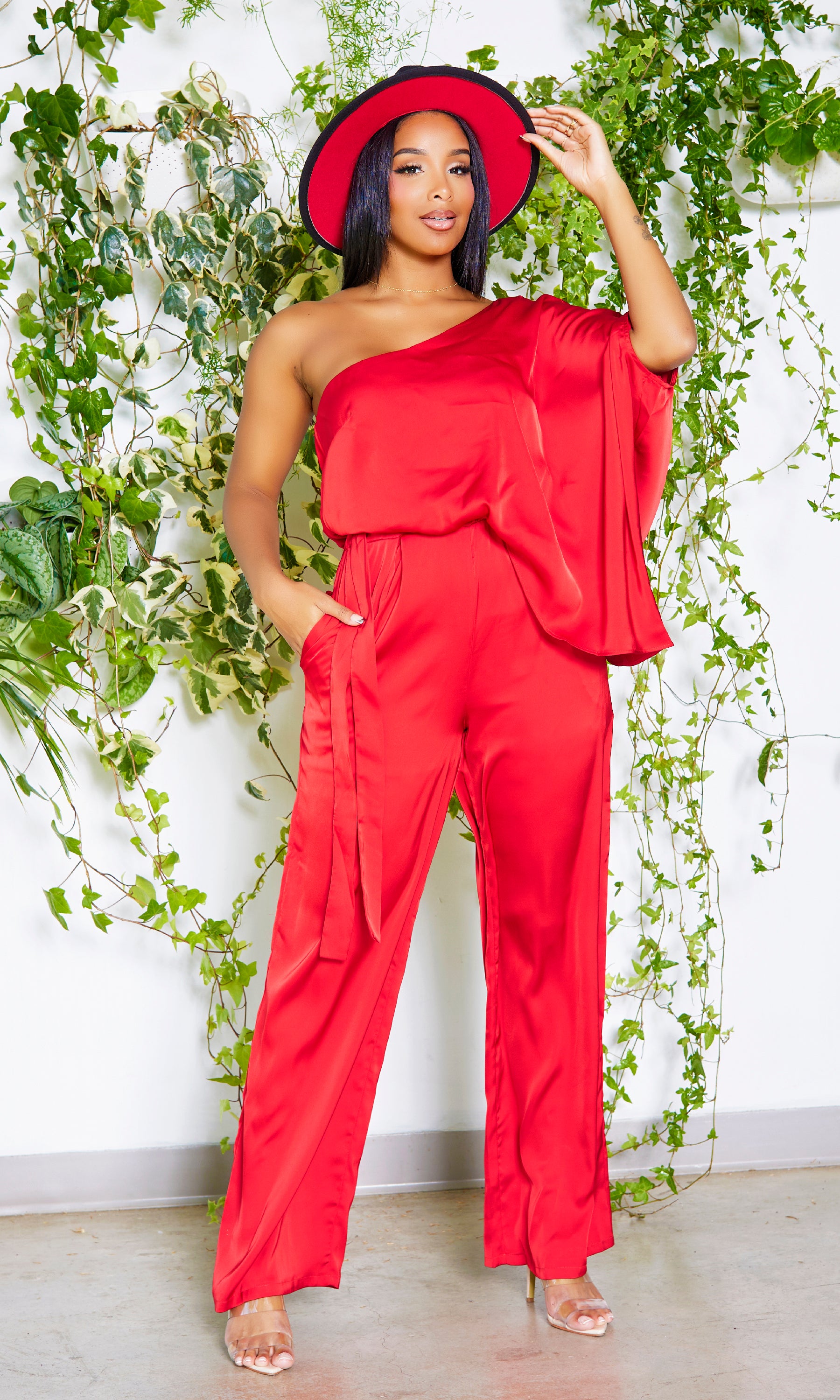 Image of Satin One Shoulder Jumpsuit - Red