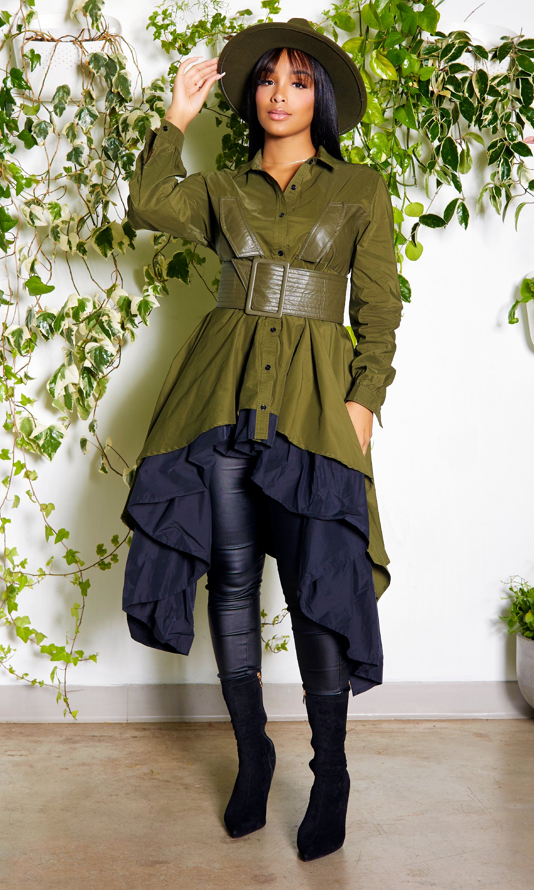 Image of Long Sleeve Belted Dress - Olive