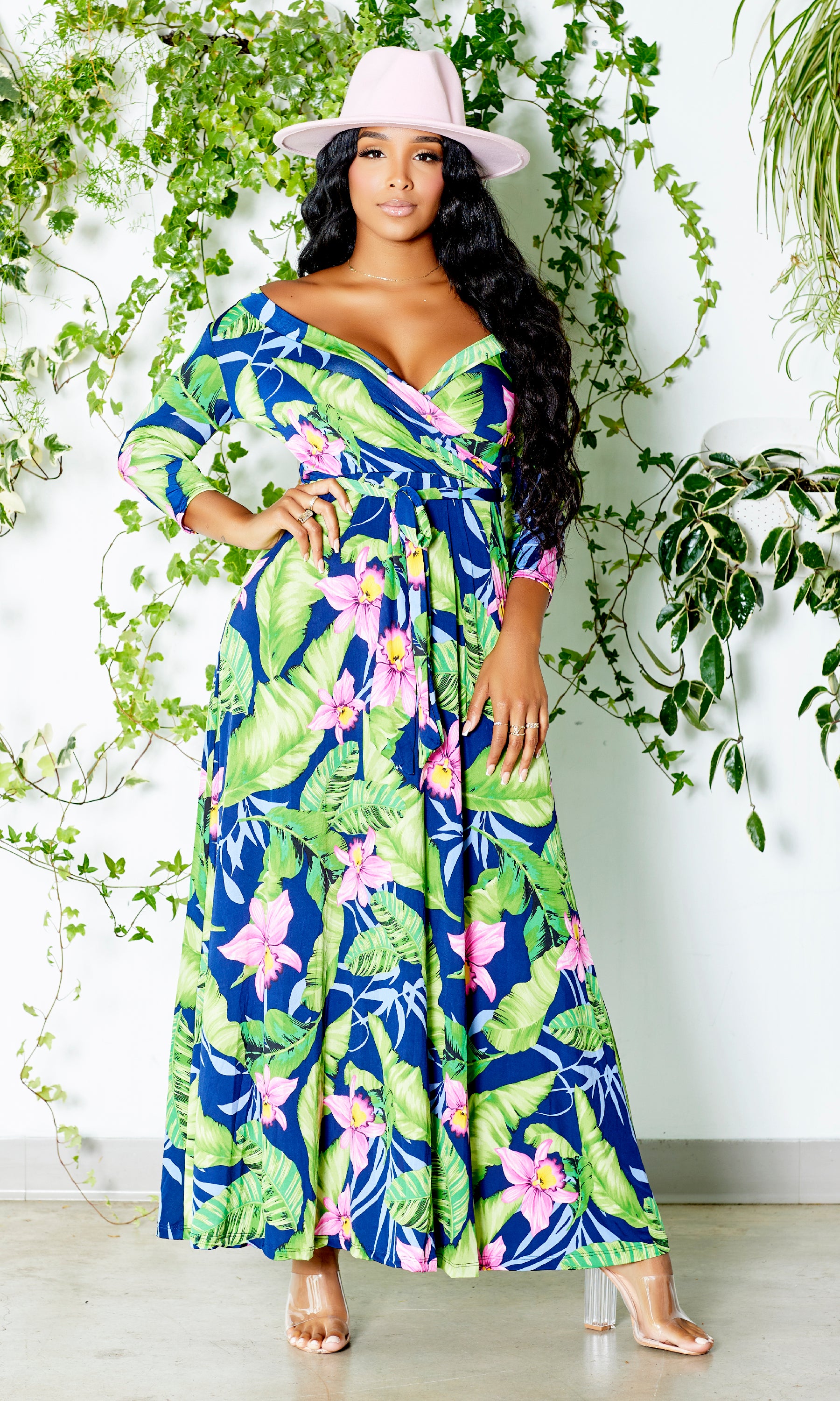 Image of Blessed and Beautiful l Stretch Maxi Dress - Pink Lily Palm