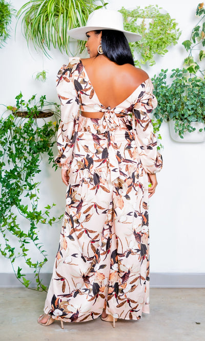 Let’s Get Away | Cut Out Maxi Dress - Brown Floral - Cutely Covered