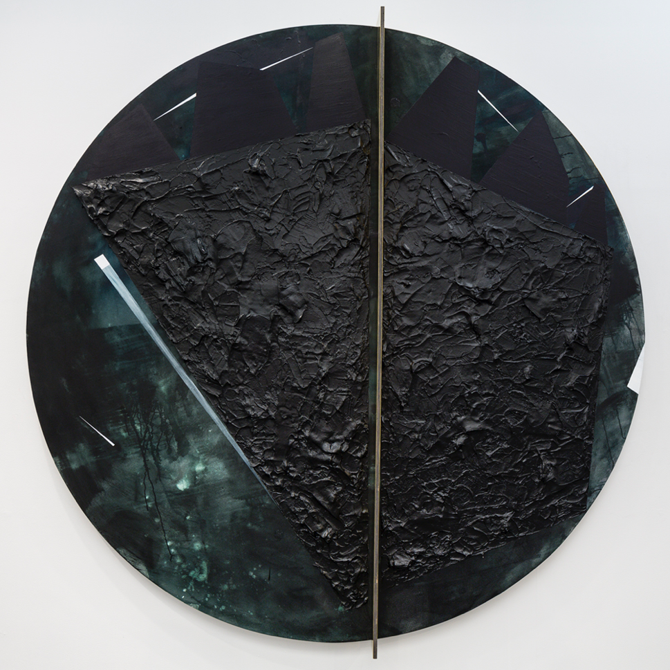 Torkwase Dyson- Plantationocene, 2019, acrylic, graphite, brass, wood, and ink on canvas, 98 inch diameter; at Arthur Ross Architecture Gallery. Part of exhibition 1919: Black Water.