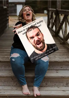 Woman tossing a book printed with the title, “How to not offend hubby with your hoohoo!” Screaming angry man on cover says, “Anything that bleeds for five days and doesn’t die is Satan!”