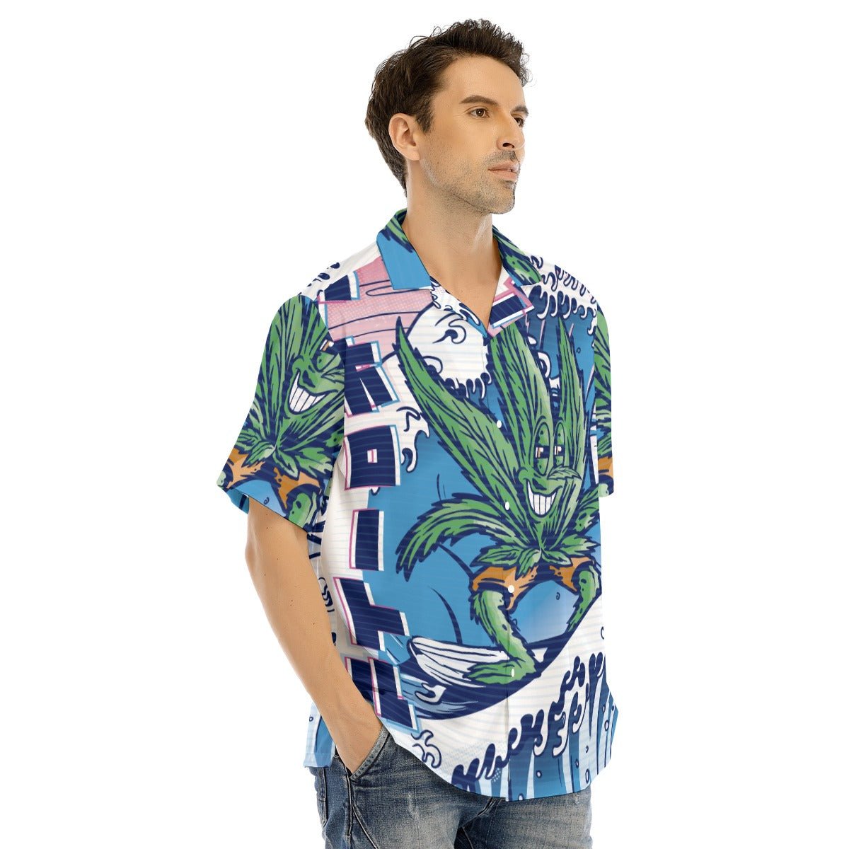 Weed Leaf Waves Kanji Beach Print Men's Hawaiian Shirt With Button Closure  | kayzers