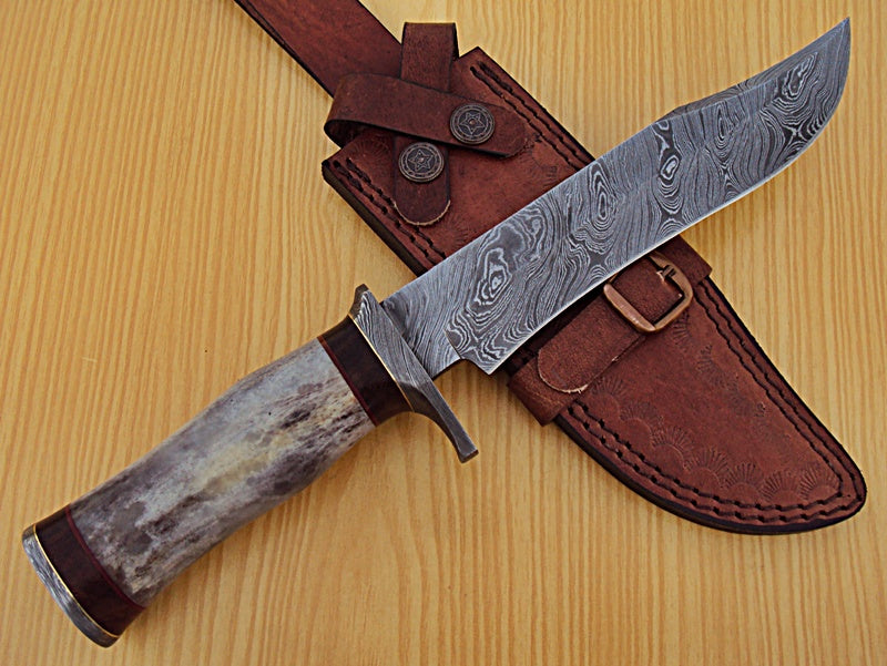 RG-43 Handmade Damascus Steel 12.00 Inches Bowie Knife - Stained Bone ...