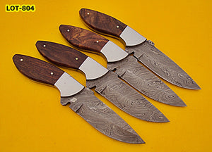 LOT-804,  Custom Handmade Damascus Steel Skinner Knife Set (Lot of Four) - Solid Rose Wood Handle with Stainless Steel Bolsters
