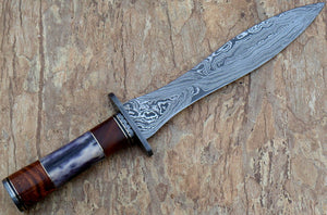 DG-37, Handmade Damascus Steel Dagger Knife – Stained Bone and Wallnut Wood Handle with Brass & Fiber Spacer