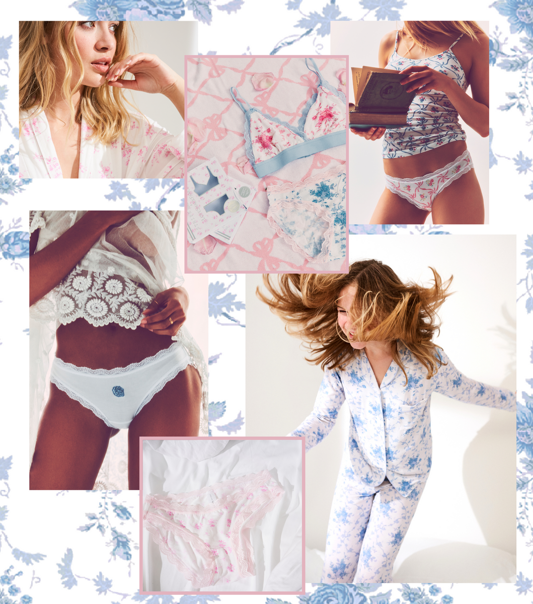 Models posing in Stripe & Stare x LoveShackFancy collaboration underwear