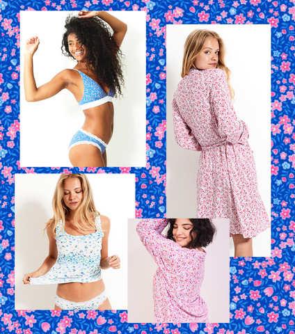 Collage of models posing in floral pyjamas and underwear