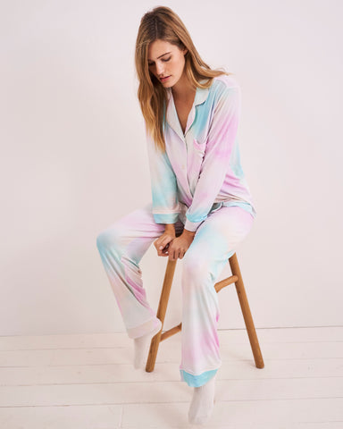 Model in a studio wearing tie dye pyjamas