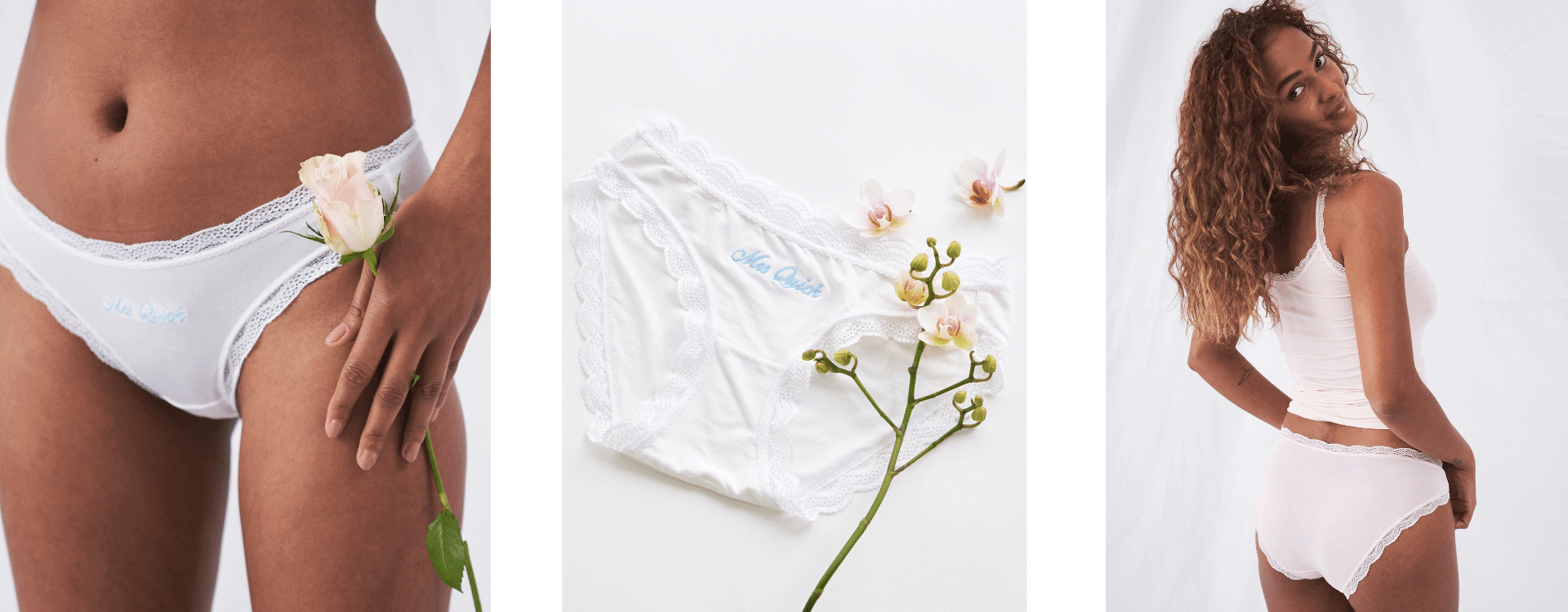 Model wearing white underwear embroidered with her name