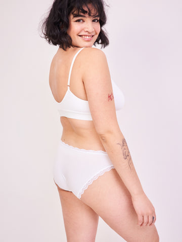 Model posing in white underwear