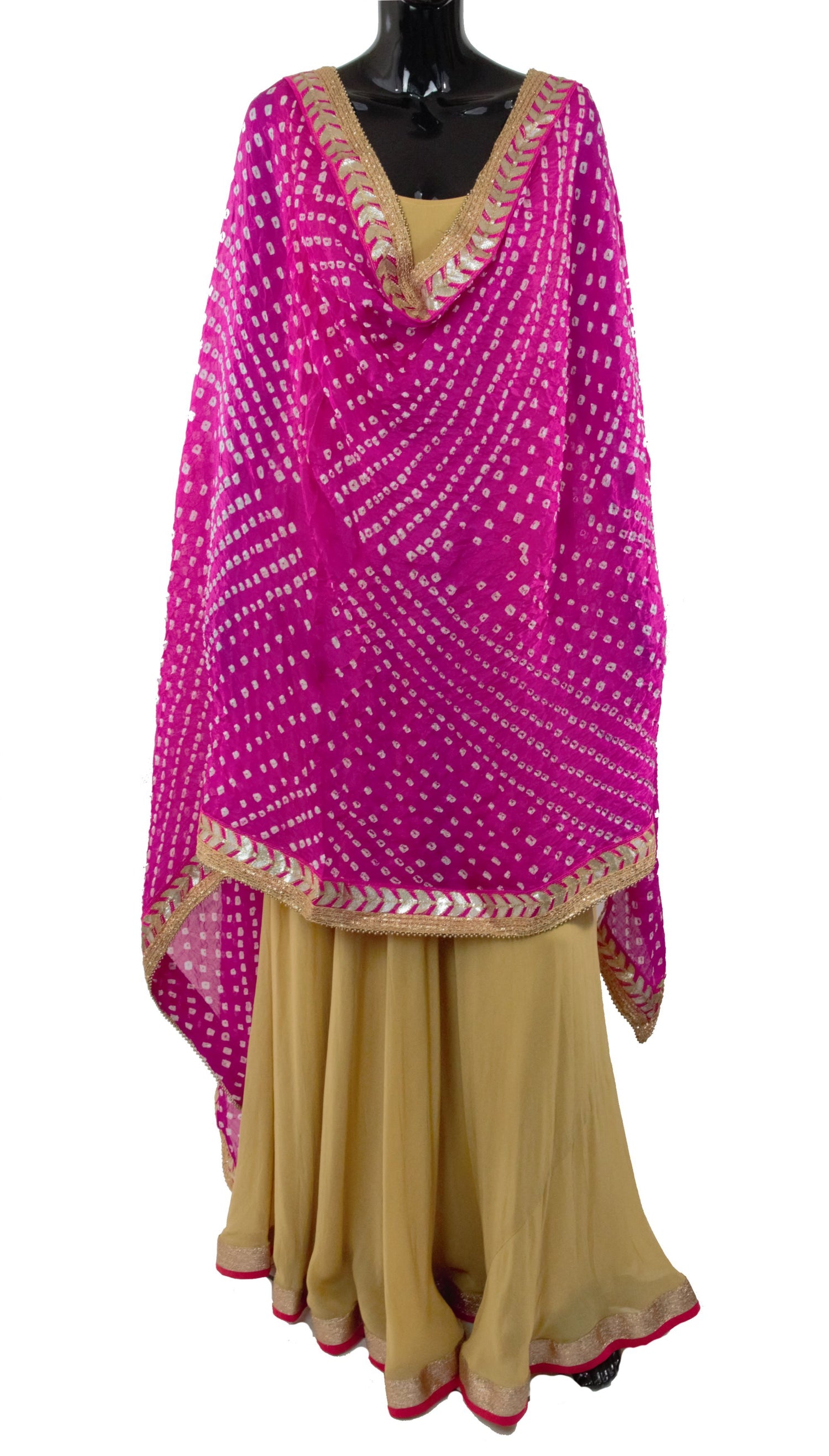 Hot Pink Color Bandhani Dupatta With Golden Border – Bollywood Wardrobe