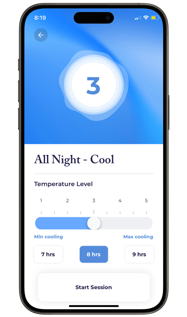 Smartphone screen displaying a temperature control app interface set to 'All Night Cool' with adjustable settings.
