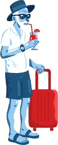 Illustration of blue man wearing a bracelet watch with a red suitcase and cocktail.