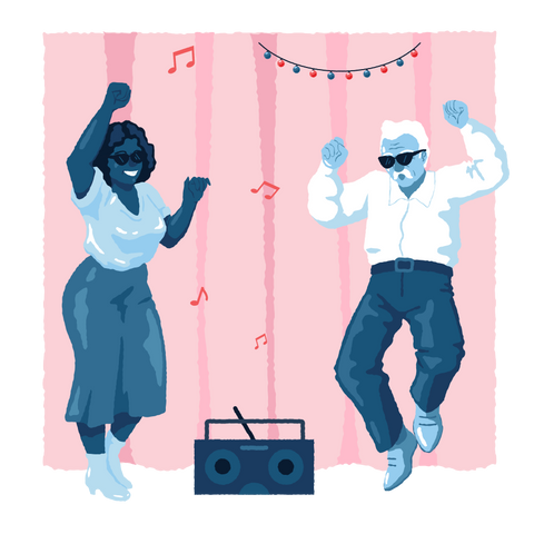 Illustration of blue man and woman dancing next to a boom box.