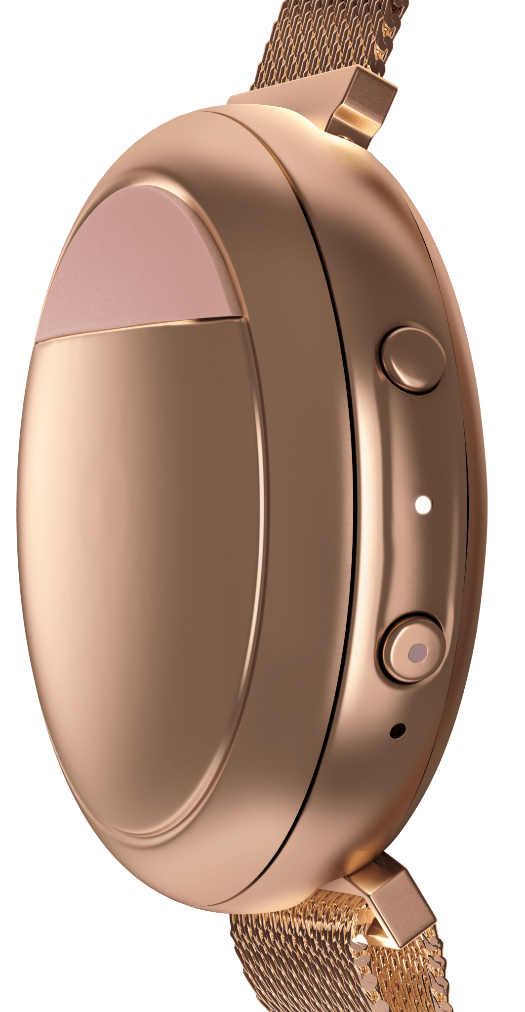 Rose gold smartwatch with a mesh band on a green background.