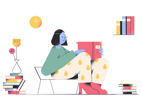 Illustration of blue woman with glasses reading book in chair next to books and flowers.