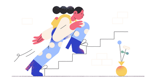 Illustration of woman in backpack running up stairs next to flowers.