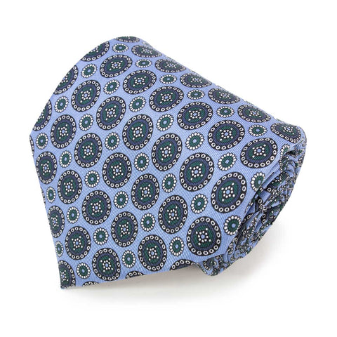 light blue with green round pattern silk tie - sera fine silk