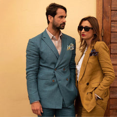 Pitti 104 Giuseppe La Spina wearing Serà Fine Silk Plum Etna Bianco pocket square and Francesca Serafin wearing Tobacco Recioto pocket square