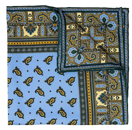 Light blue, yellow, and brown patterned pocket square with small fold