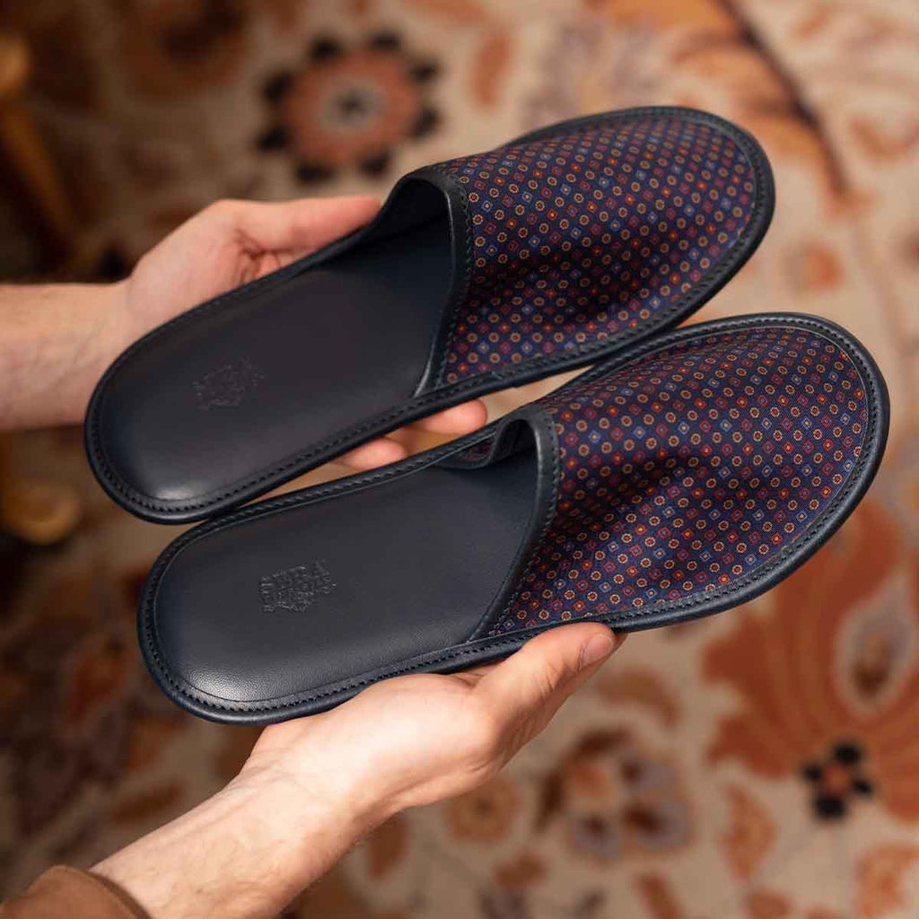 SERA' FINE SILK Blue and Burgundy Silk & Leather Slippers Made in Italy, SHOP ONLINE