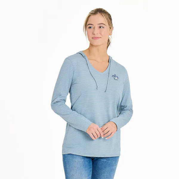 Life is Good Women's Mini Beach Turtle Long Sleeve Striped Crusher-LITE Hooded Tee, Smoky Blue