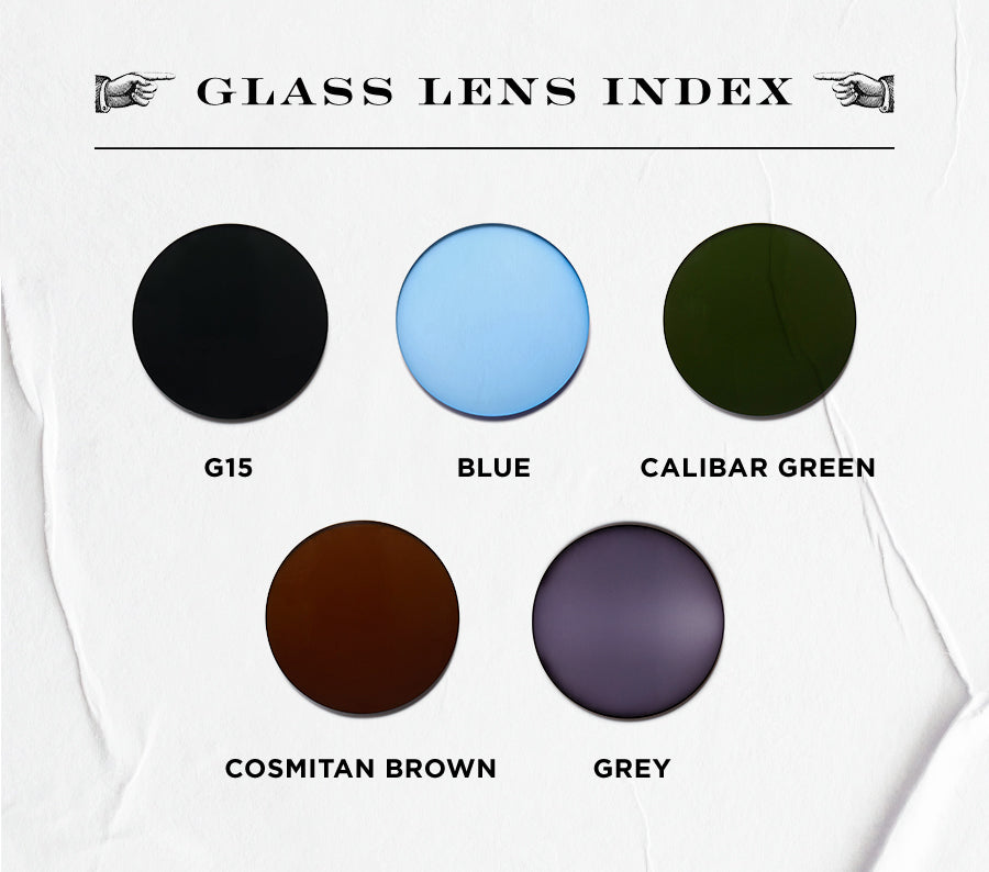 Real Glass Lenses come in five great colors - G15, Blue, Green, Brown, and Grey