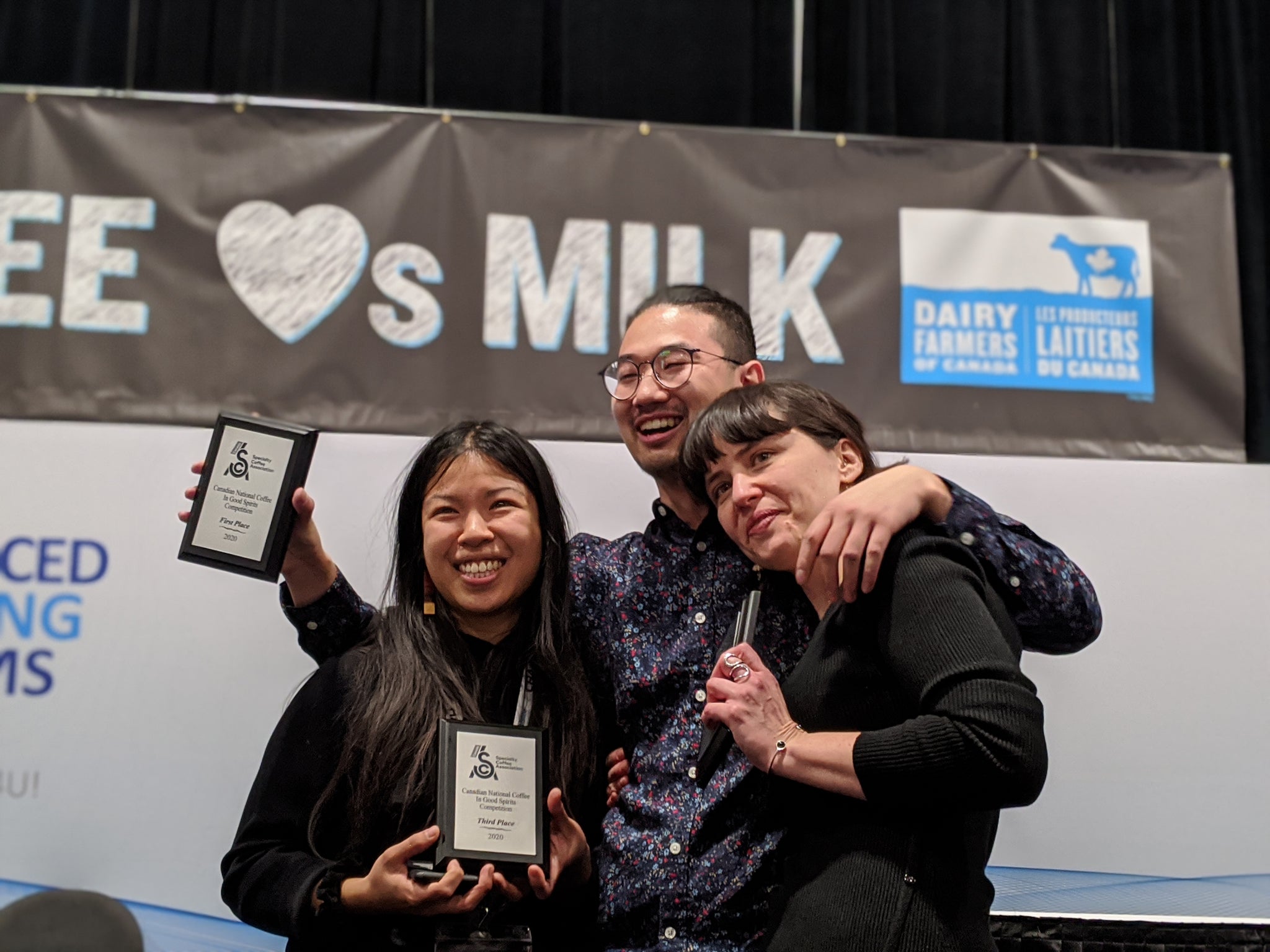 Nelson Phu, together with Stacey Lynden and Michelle Ocfemia, at the 2020 Canadian Coffee in Good Spirits Championship