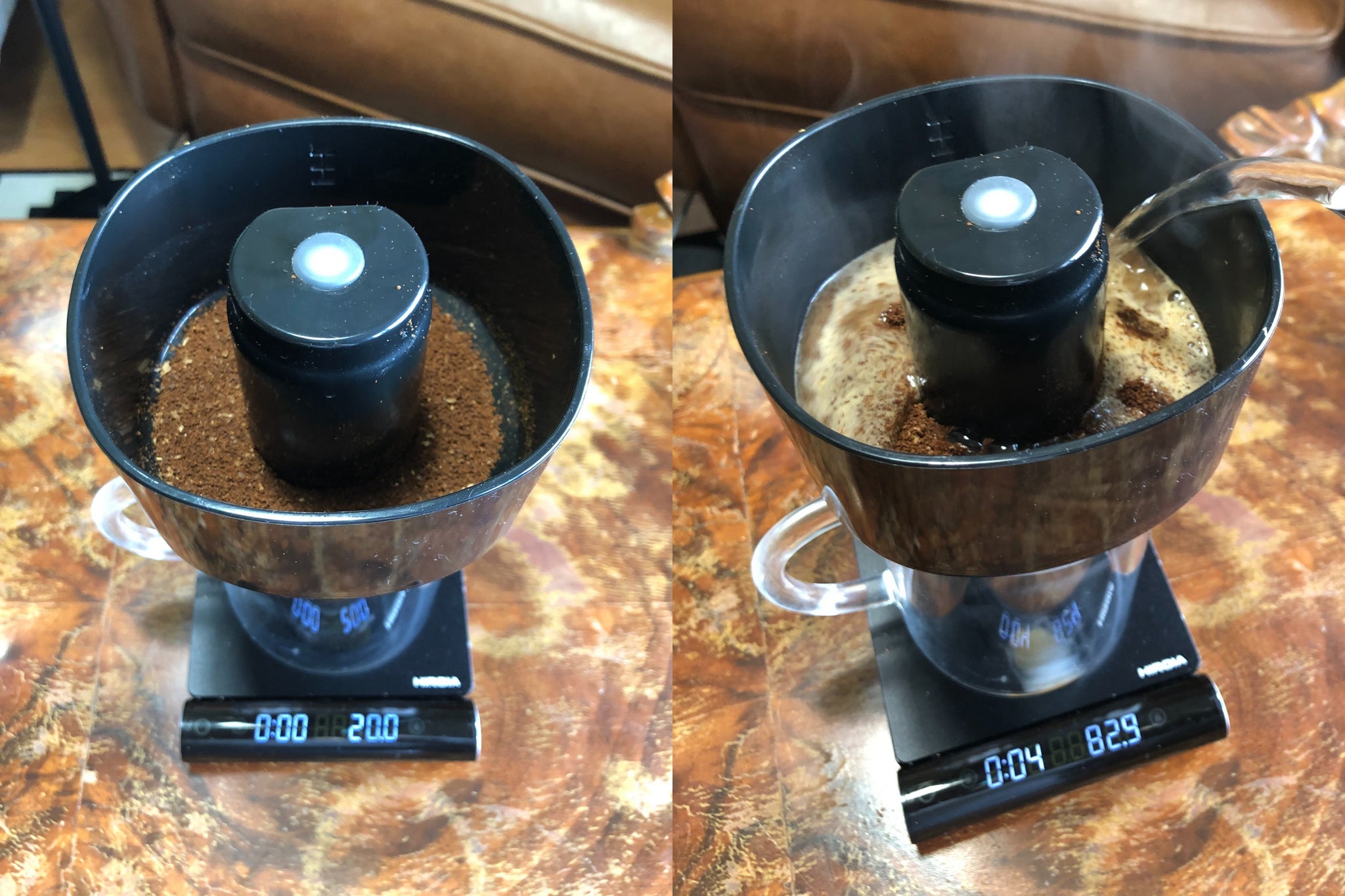 (L) Ground coffee in VacOne; (R) Hot water being poured over ground coffee