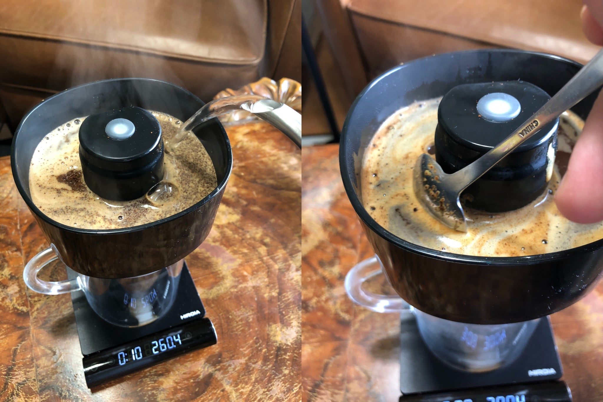 (L) Vigorously pouring hot water over ground coffee; (R): Breaking the crust with a cupping spoon