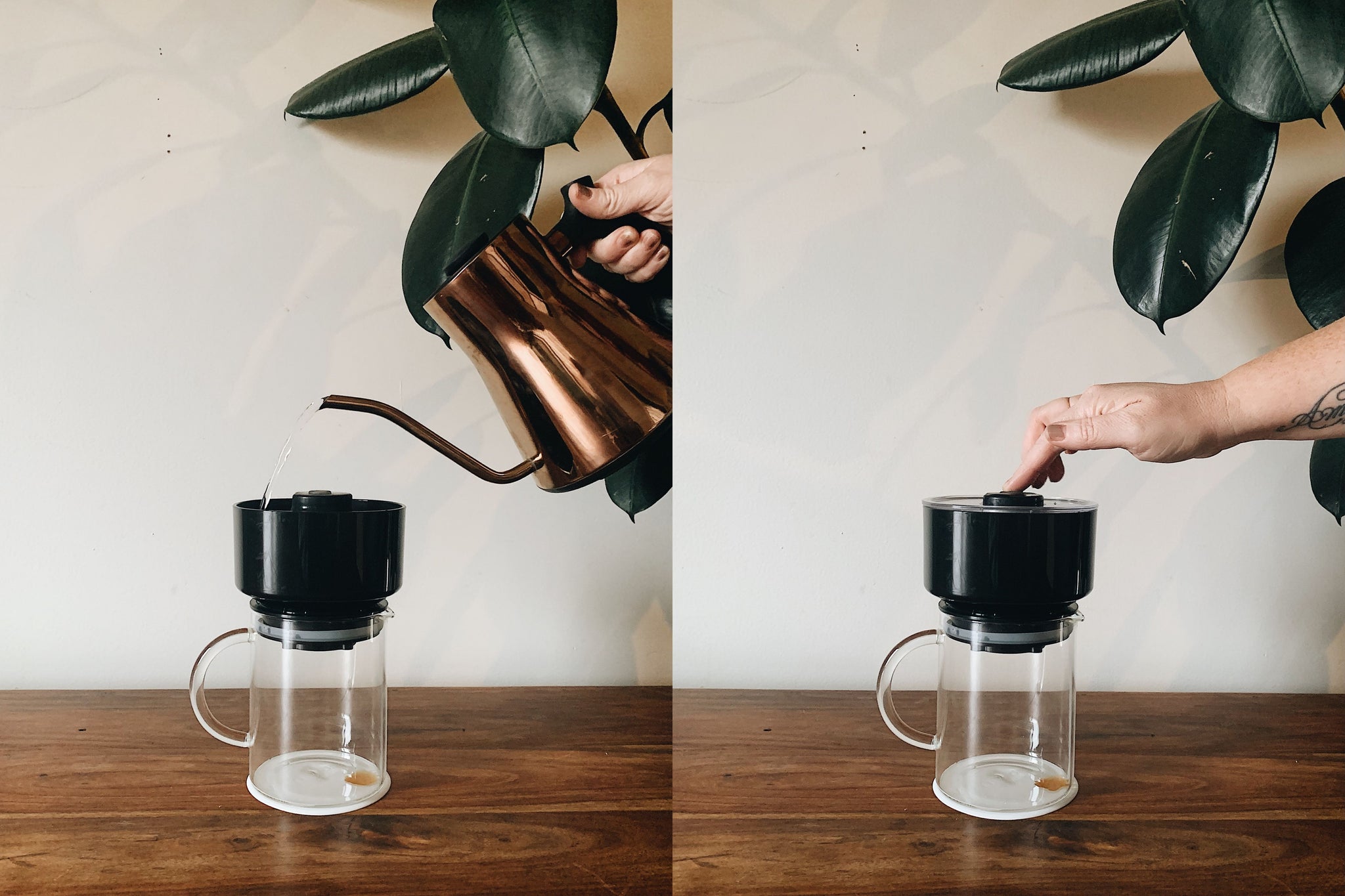 L: Pouring water into VacOne with Fellow Kettle; R: Pressing the button on VacOne