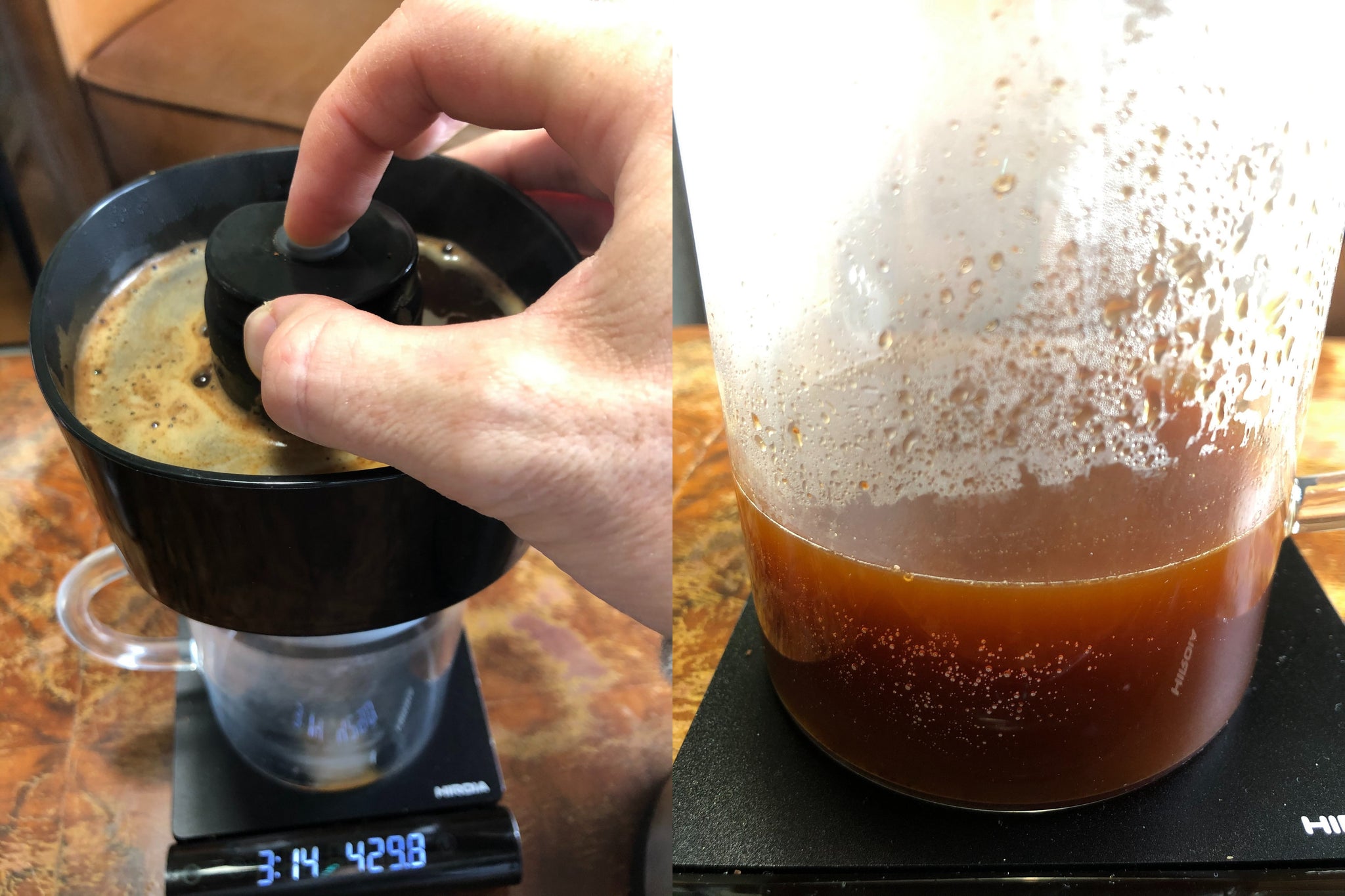 (L) Turning off the VacOne; (R) Close-up of brewed coffee with tiny bubbles in VacOne carafe