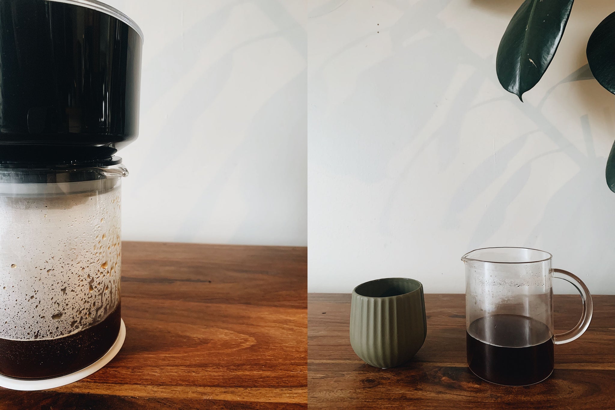 L: close-up of VacOne with brewed coffee; R: grey cup and VacOne carafe with brewed coffee