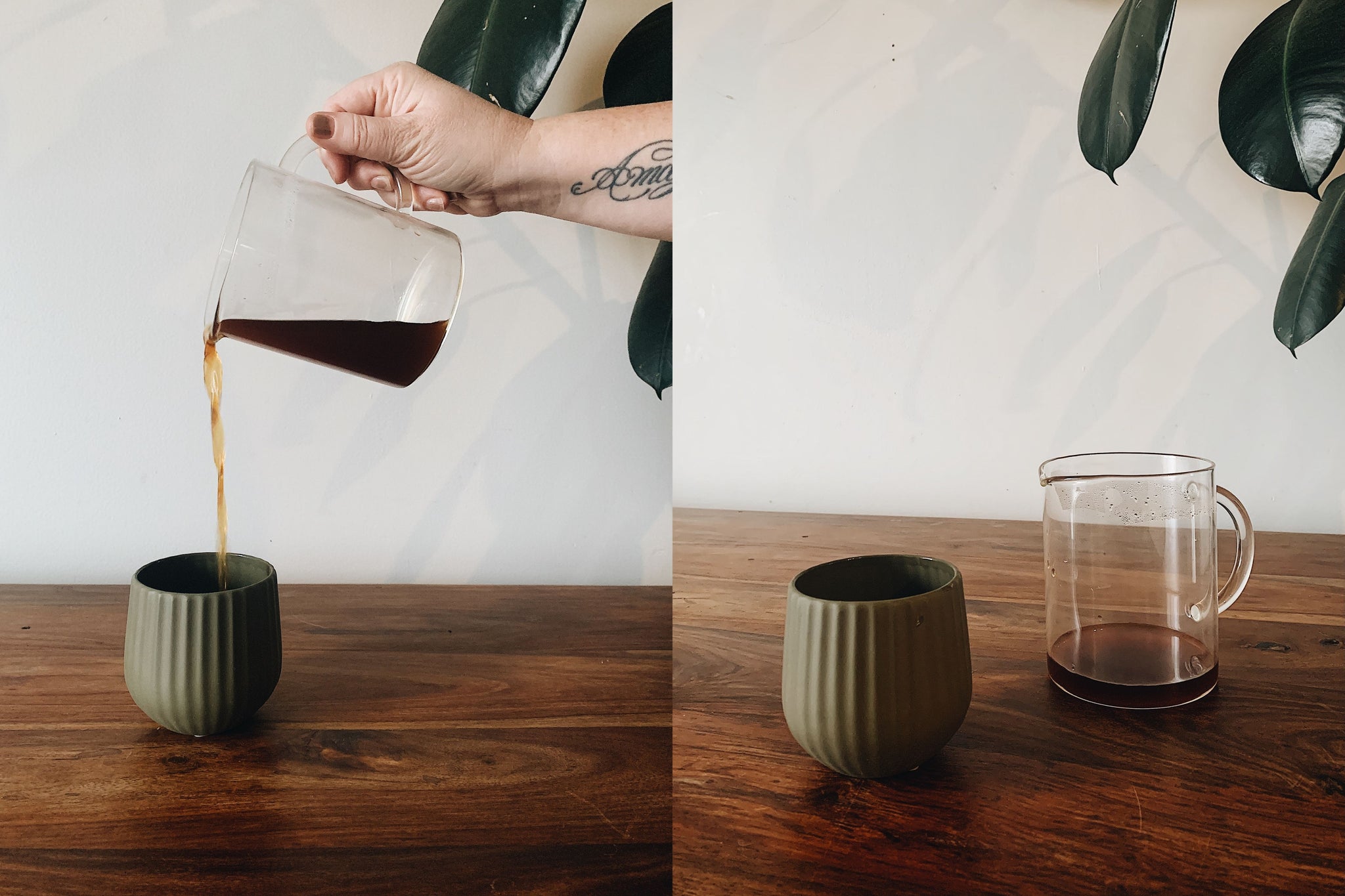 L: Pouring brewed coffee from VacOne carafe into grey cup; R: grey cup and VacOne carafe with coffee