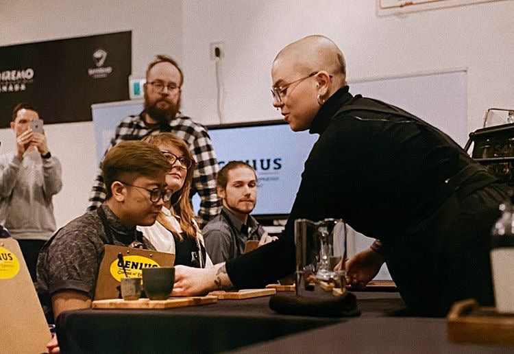 Independent barista Catherine Gauthier serving their competition set to a panel of judges at the 2020 Canadian Barista Championship