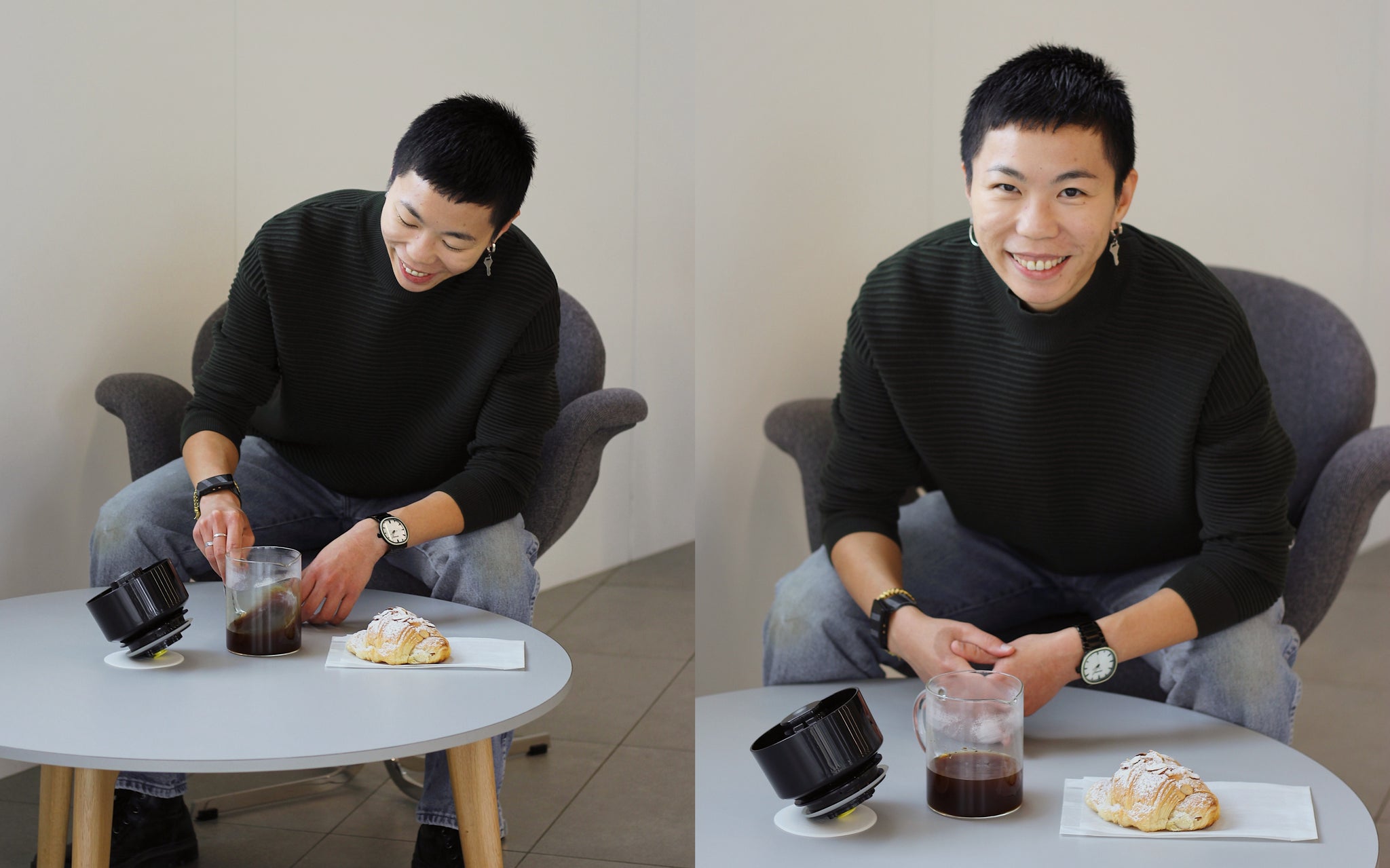 Karine Ng sitting at the table with the VacOne and an almond croissant