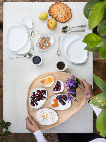 A table set with the Cookplay Yayoi Collection and bright foods.