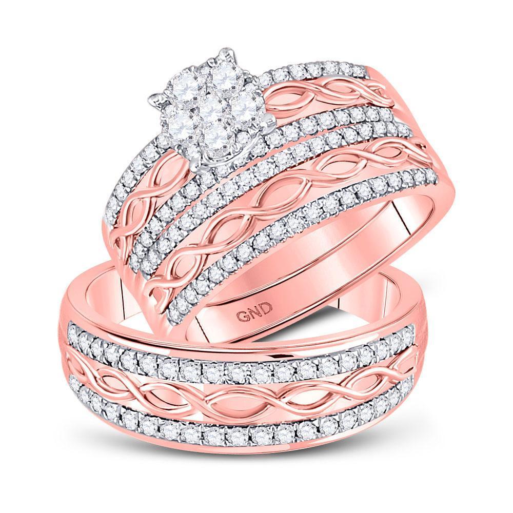 10kt Rose Gold His & Hers Diamond Cluster Twist Matching Bridal Wedding Ring Band Set 1.00 Cttw