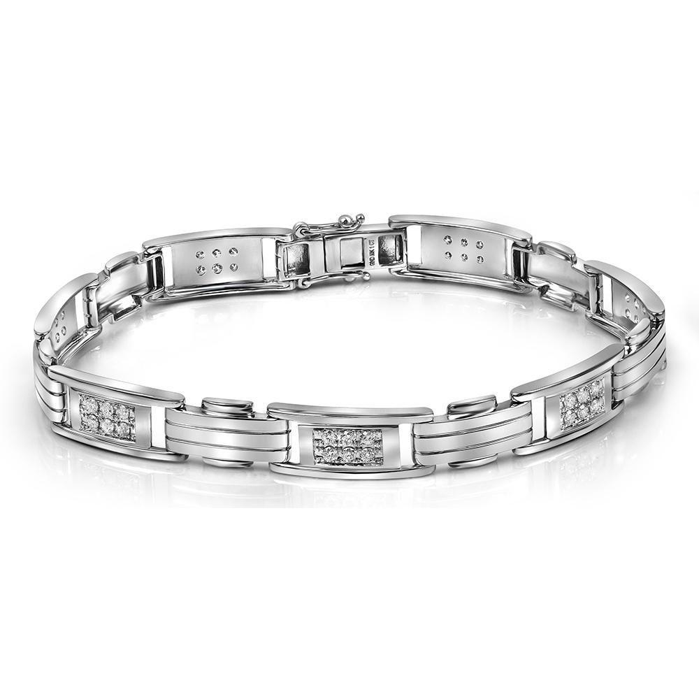 10kt White Gold Mens Diamond Rectangle Link Fashion Bracelet 1.00 Cttw