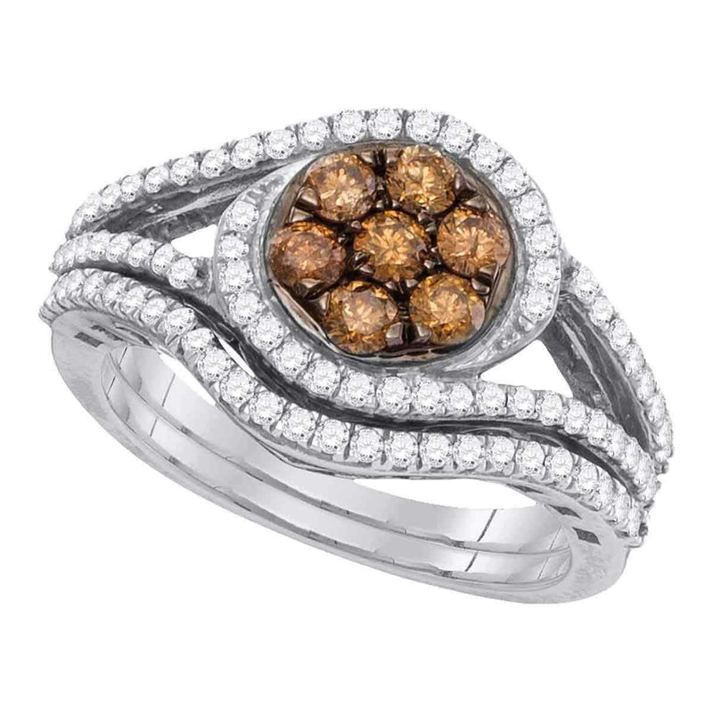 10kt White Gold Women's Round Cognac-brown Color Enhanced Diamond Cluster Bridal Wedding Engagement Ring Band Set 1.00 Cttw - FREE Shipping (US/CAN)-Gold & Diamond Wedding Ring Sets-JadeMoghul Inc.