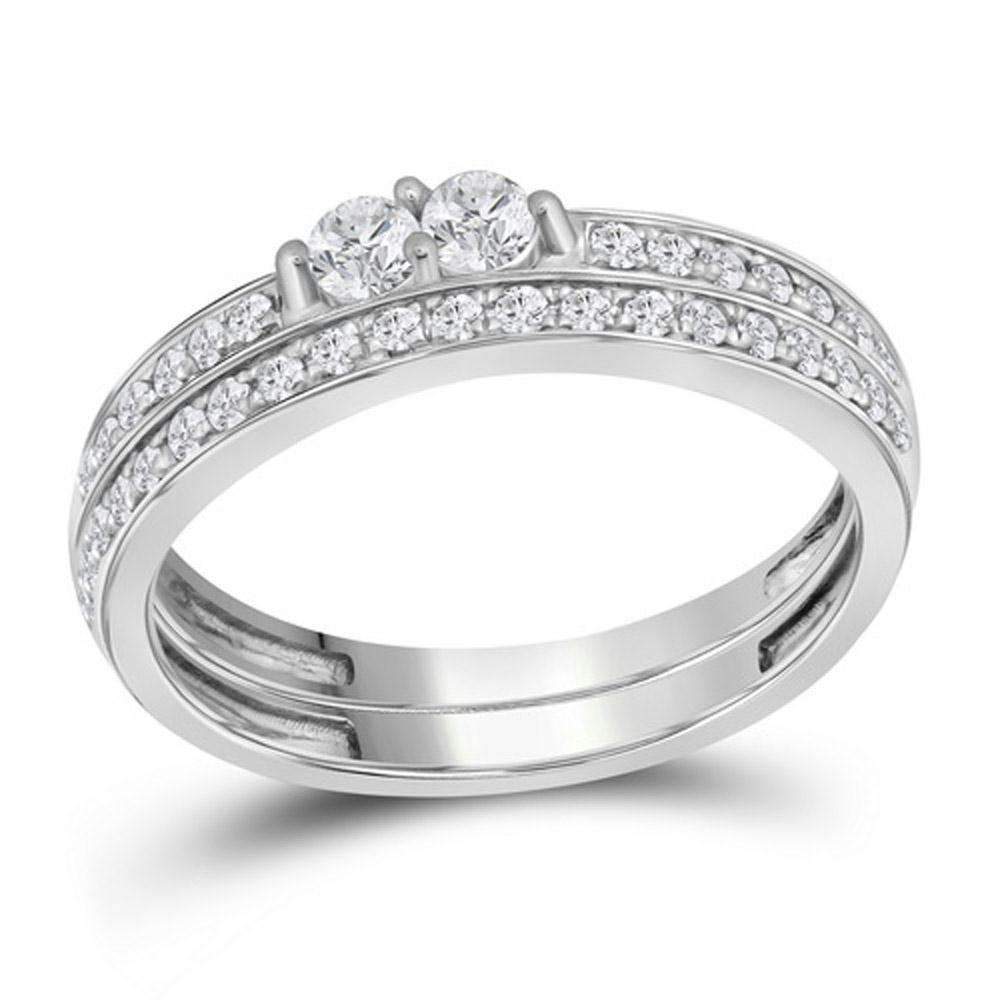 10kt White Gold Women's Round Diamond 2-Stone Bridal Wedding Engagement Ring Band Set 1/2 Cttw -