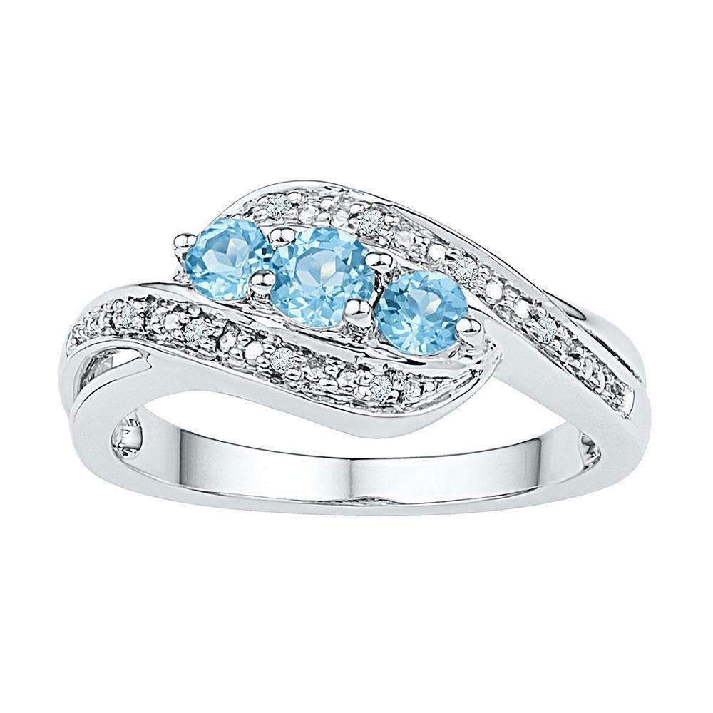 10kt White Gold Women's Round Lab-Created Blue Topaz 3-stone Diamond Ring 1/2 Cttw - FREE Shippi