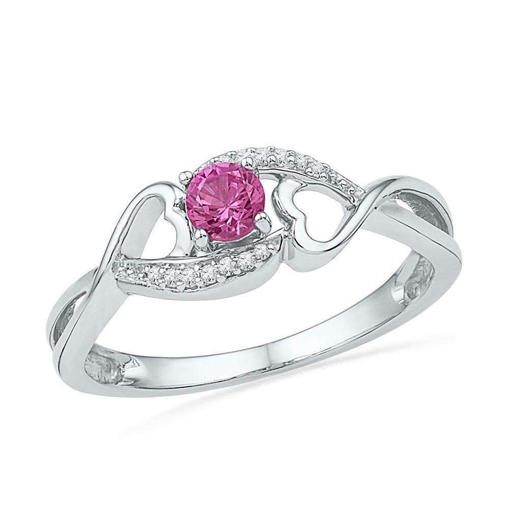 10kt White Gold Women's Round Lab-Created Pink Sapphire Diamond Heart Ring 1/20 Cttw - FREE Ship