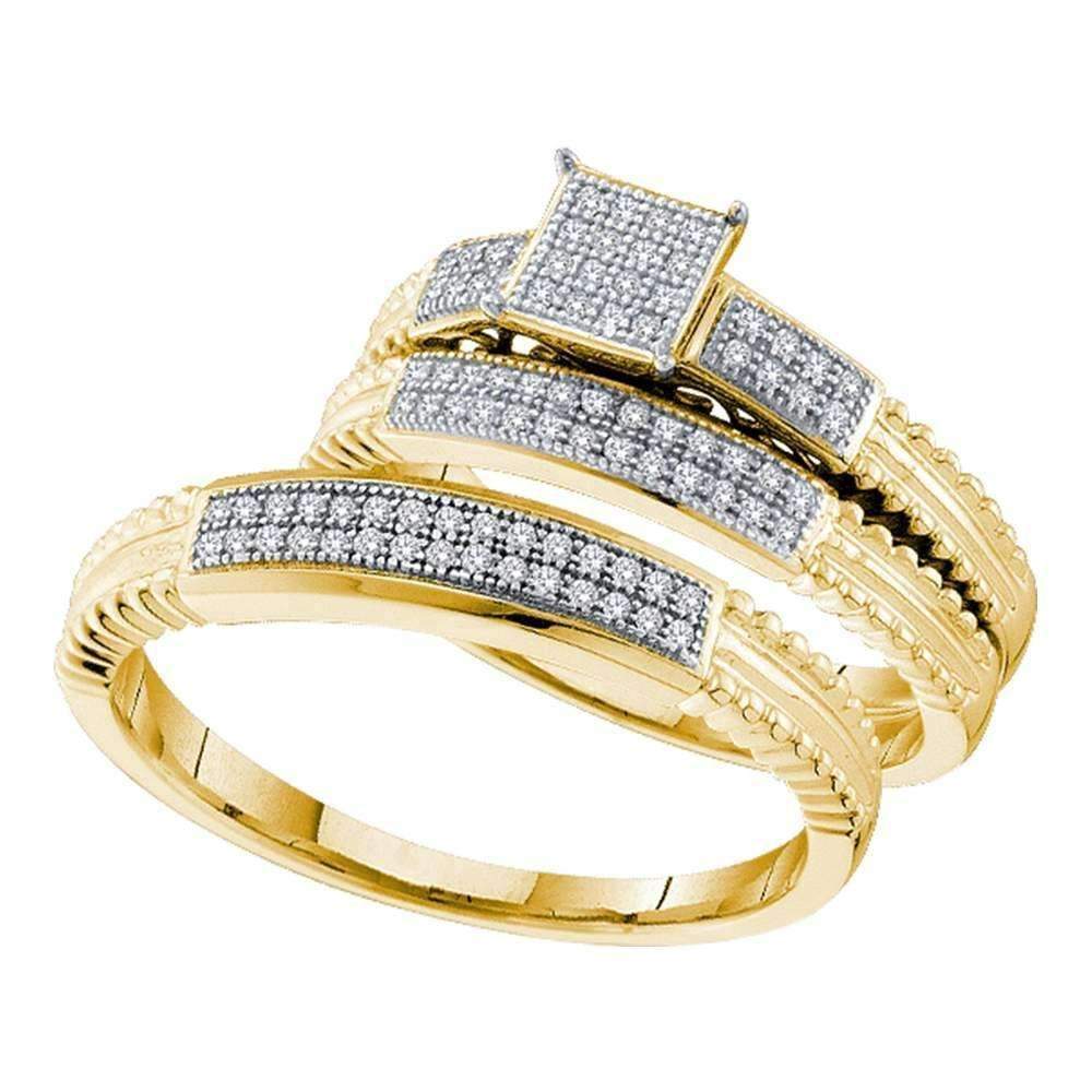 10kt Yellow Gold His & Hers Round Diamond Cluster Matching Bridal Wedding Ring Band Set 1/4 Cttw