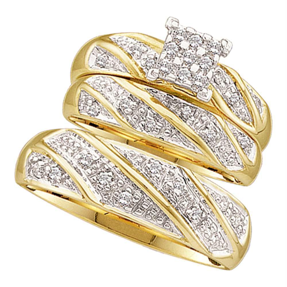 10kt Yellow Gold His & Hers Round Diamond Cluster Matching Bridal Wedding Ring Band Set 1/4 Cttw