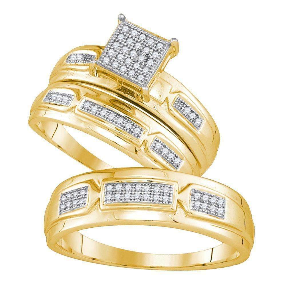 10kt Yellow Gold His & Hers Round Diamond Cluster Matching Bridal Wedding Ring Band Set 1/5 Cttw