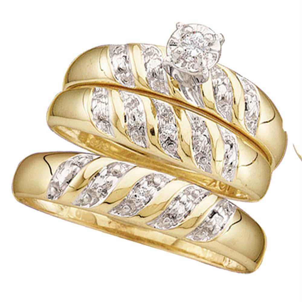 10kt Yellow Gold His & Hers Round Diamond Solitaire Matching Bridal Wedding Ring Band Set 1/12 C